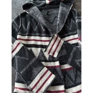 Elan Cardigan Sweater M Hooded Aztec Southwest Knit Black Gray Wool Blend Boho
